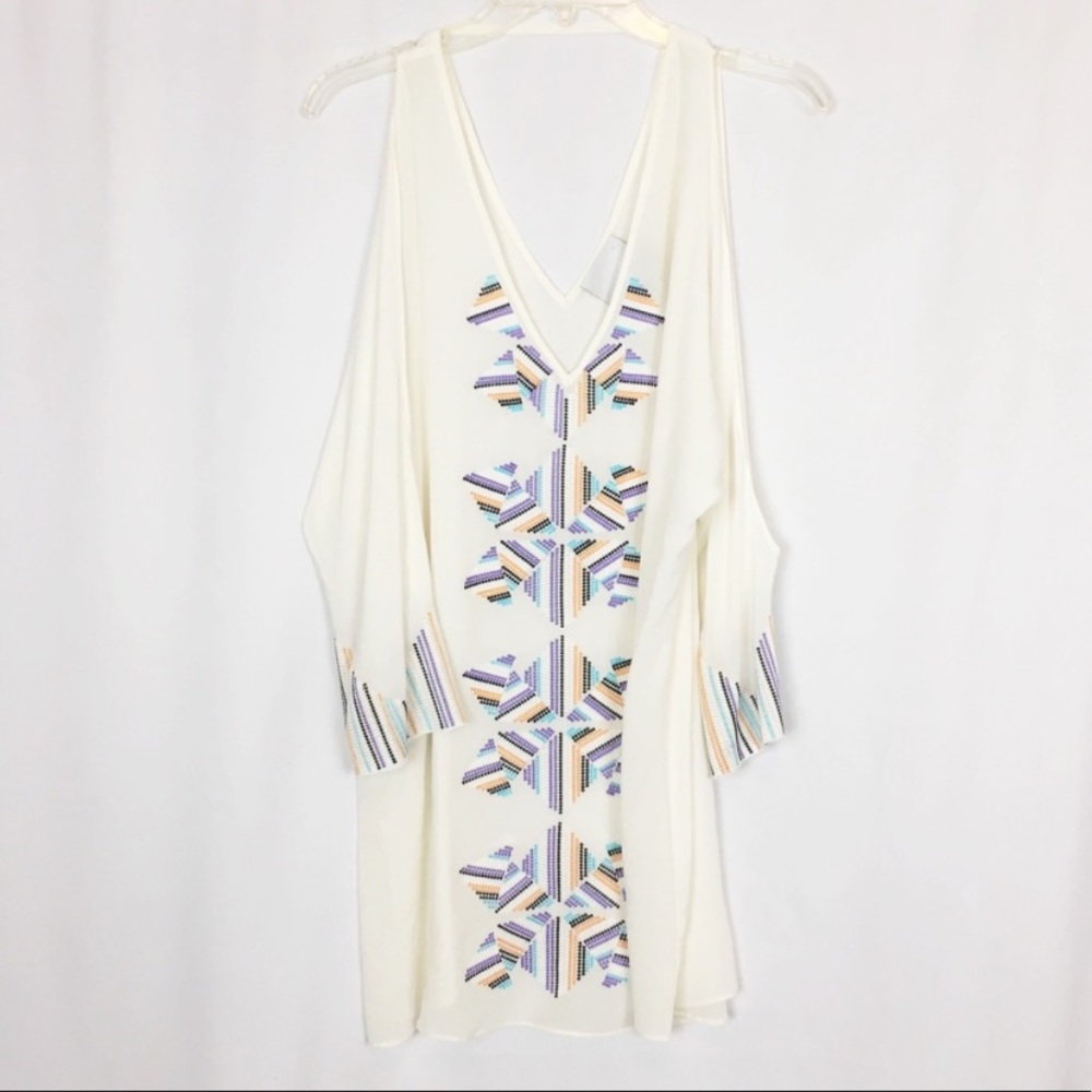 Addison 100% silk cold shoulder embroidered top M